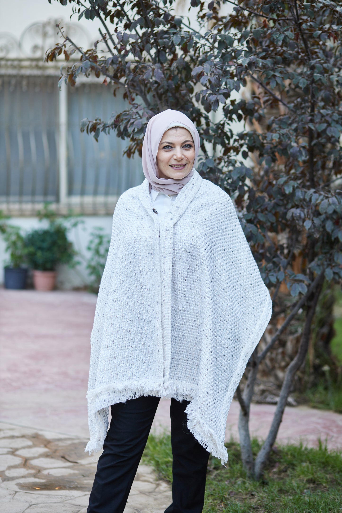 White-Dotted Tweed Cape